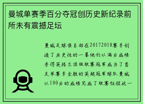 曼城单赛季百分夺冠创历史新纪录前所未有震撼足坛